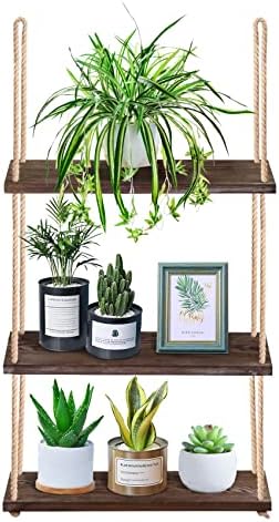 Yazoo Hanging Shelf – 3-Tier Boho Wall Shelf for Plants Indoor – Wooden Decor Rope Shelf – Window Plant Hanger Home Farmhouse Bathroom Rustic Bedroom Decor