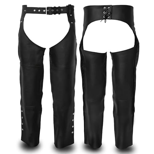 Touch&Torn Chaparreras de motocicleta para hombres y mujeres, color marrón y negro, de cuero, ajustables, para protección contra erupciones, Negro  , 42 Cintura