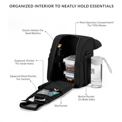 Image of Carriall Nova Lunch Bag for Office - Tiffin Bag with Bottle Holder & 6-Pocket Organizer | Spill-Resistant, Detachable Strap | 6.7L | Men & Women | Black