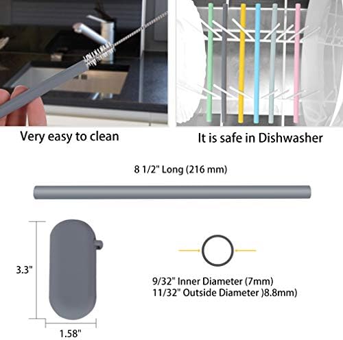 Sunseeke Silicone Straws Set - Odorless, 12 Standard Reusable Drinking Straws, 4 Carry Pouch, 2 Cleaning Brushes, FDA Certificated Food Grade Platinum Silicone - 8 1/2" Long