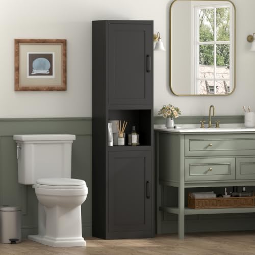 Image of Bathroom Storage Cabinet, 67 inch H Tall Bathroom Storage with Shelves and Doors, Narrow Bathroom Storage Cabinet for Home, Metal Slim Storage Cabinet, Black