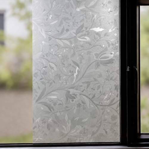 Image of CVANU Floral Frosted Glass Covering Privacy Window Film, Self Adhesive Waterproof Vinyl Sticker for Glass Doors, Windows, Bathroom & Office Use (24 x 50 Inch)