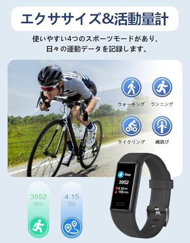 Cloudpoem スマートウォッチ リストバンド型 活動量計 iPhone&アンドロイド対応 歩数計 腕時計 多種類運動モード 天気予報 目覚まし時計 着信 座り過ぎ 飲水通知 長持ちバッテリー (ブラック)