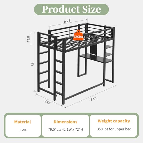 Image of Twin Metal Loft Bed with Desk and Shelves, Space-Saving Frame with Ladder and Full-Length Guardrails, Space-Saving Bed for Bedroom, Black (Mattress Not Included)
