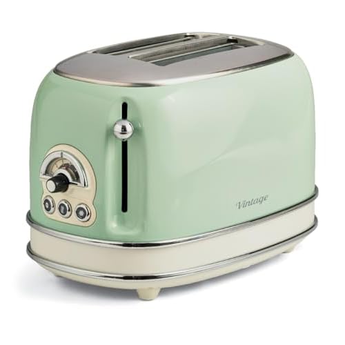 ARIETE 155/14 Tostador 2 ranuras anchas, vintage, 6 posiciones, función descongelar, recalentar, cancelar, paredes frías, pies antideslizante, recogecable, 810 W color verde/crema