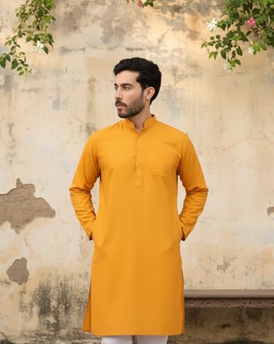 Image of Men's Cotton Blend Blend Knee Length Solid Color Style Stright Long Mandrin Collor Ethnic Casual Wear Kurta Only