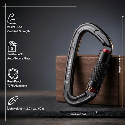 Image of FresKaro UIAA Certified 25KN Auto Locking Climbing Carabiner Clips, Twist Lock, and Heavy Duty Carabiners for Rock Climbing, Rappelling, and Mountaineering, D Shaped