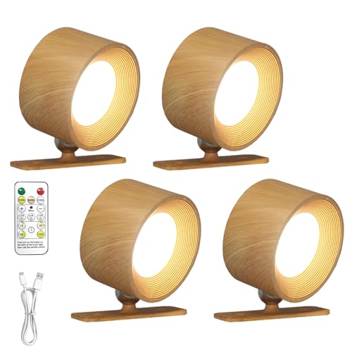 SOUDFK Rechargeable Wall Sconce with Remote & Touch 360 Rotatable Battery Operated Wall Lights 3-Color Dimmable No Drill Adhesive Ultra Long Battery for Bedroom ReadingWooden-4PC