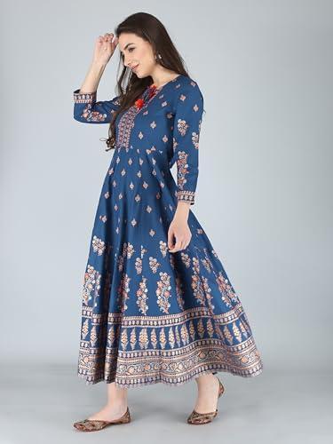 Image of Aj Art Anarkali Kurti for Women and Girls Floral Golden Print Regular Slim Fit Rayon Blue (Set of 1)