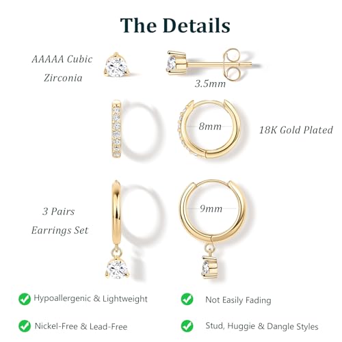 14K Gold Small Huggie Hoop Earrings Set for Women, Hypoallergenic Sterling Silver Studs for Cartilage and Helix, Cute Dainty Dangles Stackable Lightweight Trendy Diamond Jewelry Gift for Her 5