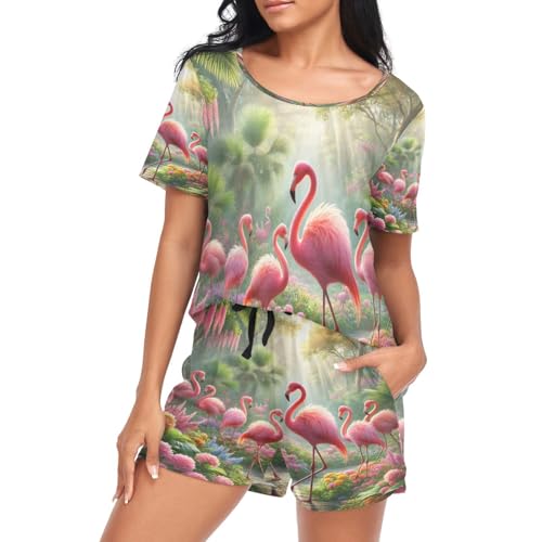 Pyjama d'été femme flamant rose short et haut manches courtes