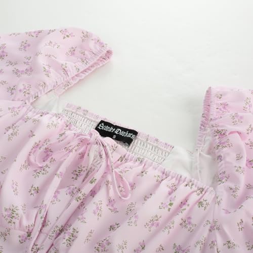 Image of Scarlet Darkness Women's Floral Corset Dress with Split 2026 Summer Spring Square Neck Midi Milkmaid Dresses Pink Green Floral XL