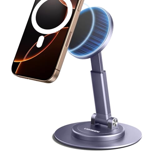 UGREEN Magnetic Phone Stand for MagSafe, Height Adjustable iPhone Stand for Desk with 360° Rotation Compatible for iPhone 17 Air 16 Pro 15 Pro Max 14 Plus 13 12 and MagSafe Case, Grey