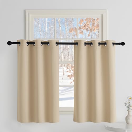 PONY DANCE Scheibengardinen Modern Kurze Blickdichte Gardinen für Küchenfenster 2er Set H 90 x B 106 cm Verdunklungsvorhänge mit Ösen Thermogardinen Kälteschutz, Biscotti Beige