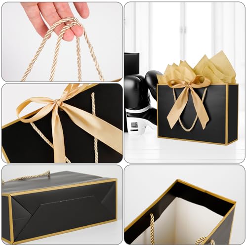 Gfractolux Gift Bags for Present, 2 Pcs Medium Gift Bags with Tissue Paper and Cards, Gift Bag for Birthdays, Baby Shower, Wedding, Party Favor, Holiday Presents 11"X7.9"X3.9" (Black and Gold)
