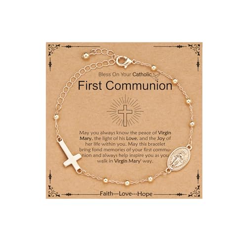 Image of Catholic Virgin Mary Cross Bracelet Gifts for Girls Teens Women, Rosary Beads Charm Link Chain Bracelet Easter First Communion Confirmation Baptism Religious Jewelry Gifts
