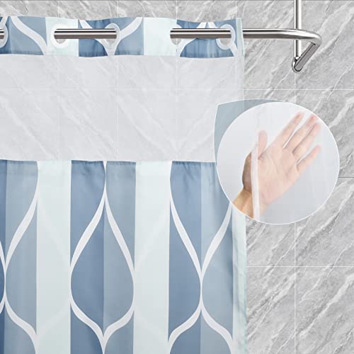 Yiatn No Hook Dark Blue Long Shower Curtain With Snap In Fabric Liner Set - Hotel Style With See Through Mesh Top Window, Modern Geometric Waterdrop Design,Water-Repellent & Washable, 71X86 Inch #TOP1