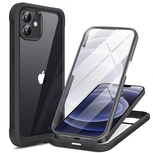 Miracase Compatible with iPhone 12/12 Pro Case 6.1 inch [Built-in Glass Screen Protector] Full Body Rubber Bumper Case Cover (Black)
