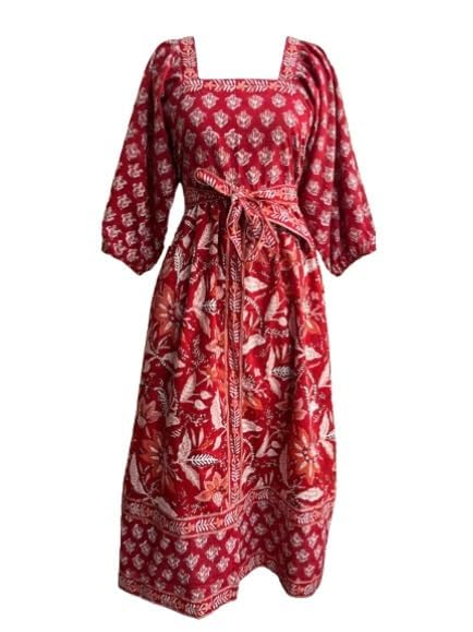 Red Cotton Square Neck A Line Long Maxi Dress with Waist Belt | Cotton Block Print Summer Dress | Western Wear Dress