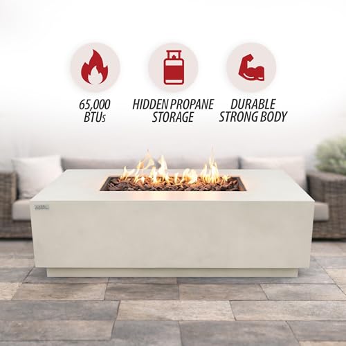 Image of AMS Fireplace Genuine Concrete Rectangular Propane Fire Pit Table for Outside Patio (66 inch Sedona) | Hidden Tank Drawer & Electronic Ignition | Bundle w /Wind Guard, Burner Lid & Cover (Cream White)