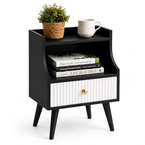 Image of ETIQUETTE ART Modern Fluted Nightstand with Drawer and Open Storage Shelf, Bedside Table with Round Edge, Boho Night Stand with Solid Wood Legs & Knob Handle End Table for Bedroom (Black&White)