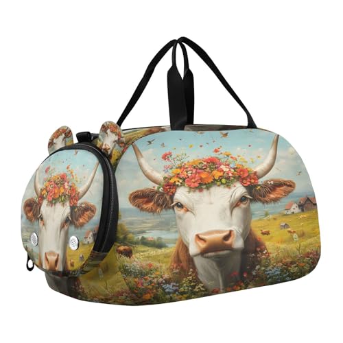 YETTASBIN Sport Travel Duffel Bag for Girls Boys, Cow Flowers Large Waterproof Weekender Overnight Bag, Detachable Shoulder Strap Gym Bag with Shoe Compartment & Wet Pocket