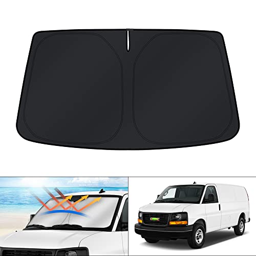 Image of KUST Windshield Sun Shade for 1996-2024 GMC Savana Van Accessories, Passenger & Cargo Van Window Sunshade Sun Visor Protector Foldable Blocks UV Rays Keep Your Car Cooler