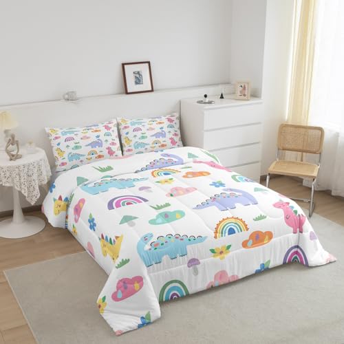 Image of Feelyou Cartoon Dino Kids Baby Comforter Set Full Size Jungle Dinosaur Animals Comforter Cute Colorful Rainbow Dino Girls Comforter Set Boys Nature Wildlife Duvet Set Nursery Toddler Quilt Set