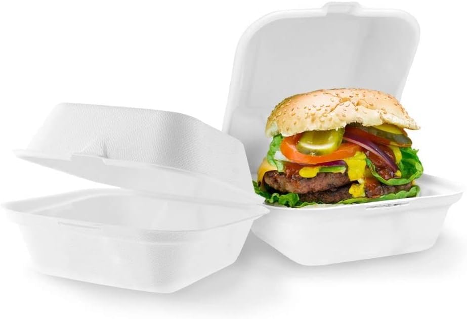 Pemienterprize Ltd Set Of 20 - Clamshell Takeaway Burger Box - 6 Inches Super Rigid Biodegradable, Compostable and Recyclable Food Boxes - Made from Natural Sugar Cane Pulp