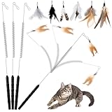 【ROSAUI】一体成型ハンドル 猫じゃらし 4本セット 強化スチールワイヤー＆スプリング構造 交換用フェザー7個付き 長持ち 安心設計 猫おもちゃ 【耐久性UP】