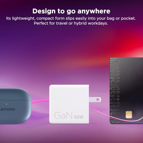 Image of Lenovo Dual USB-C 65W GaN Charger, 2 USB-C Ports, for Laptops /Tablets & Phones & More, Compact Size, Foldable Plug, Includes 1.5m USB C Cable, Model /Type: CC65, White