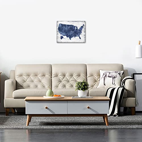 Vintage Us Map Wall Art Indigo America Map Canvas Wall Decor Retro Blue Usa Map Pictures Canvas Prints For Office Kitchen Bedroom Living Room Home Decor Framed Canvas Artwork Ready To Hang 12"X16" #TOP1