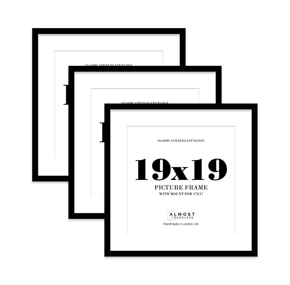 19x19 Black Picture Frame with Mount for 17x17 Photos, Prints - Modern Square Wall Frame, Set of 3