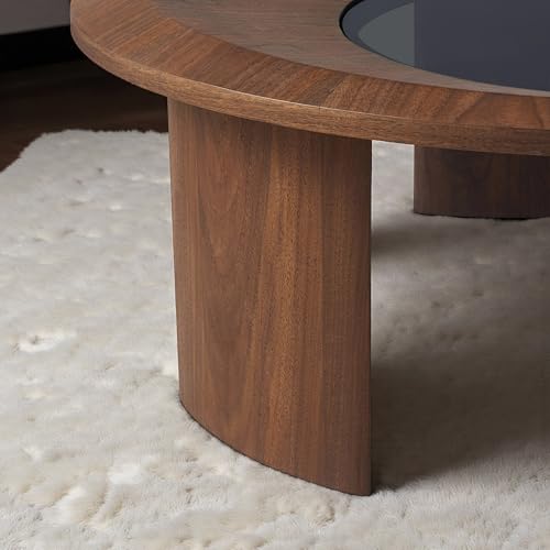 Image of The Attic Orion Walnut Coffee Table | Contemporary Round Wood Table with Glass Center | Chic Minimalist Centerpiece for Modern Living Rooms