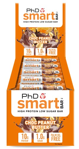 PHD Smart Bars - Pack de barritas altas en proteínas, bajas en carbohidratos, con delicioso sabor chocolate y crema de cacahuete, 24 x 32g