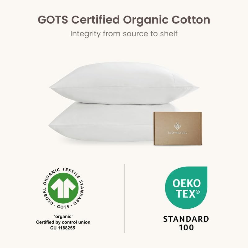Bioweaves 100% Organic Cotton Sateen Weave Pillow Cases King Size - 500 Thread Count, Soft & Lustrous, GOTS Certified King Pillowcases with Envelope Closure - Set of 2, White