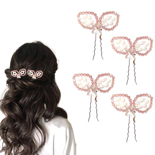 Image of TEMPERIA (4 pcs) Crystal U Pin Hair Accessories For Women & Girls - Artificial Flowers Bun Juda Bridal Pins for Hairstyle & Decoration - Pins & Clips for Style of Bride - Pink & White (MN01)