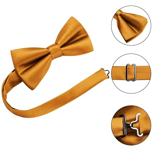 Image of Hi-Tie 5Pcs Mens Solid Color Silk Tie Satin Pretied Bowtie Lapel Pin for Men Handkerchief Cufflink Wedding Gift Box
