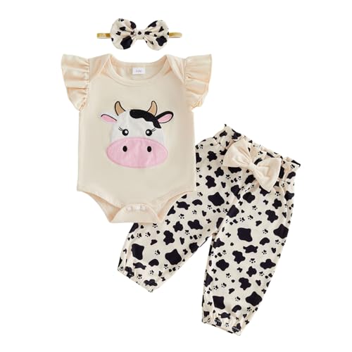 Ursobutegl Newborn Baby Girl Summer Clothes Cow Ruffle Sleeveless Romper Bodysuit Jumpsuit Tops Bow Pants Set Infant Outfit (Apricot 0-3 Months)