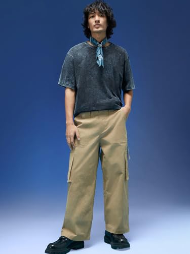 Image of Veirdo Baggy Fit with Button Closure Solid Lycra Woven Cargo Pants for Men (Colors: Beige, Black, Brown, Grey, Navy & Olive)