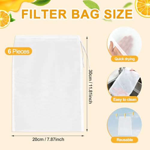 Quelcc 6 Stück Nussmilchbeutel, 20 × 30 cm, Feingewebt Passiertuch Nylon Filterbeutel, Nussmilchbeutel Bio Wiederverwendbar mit Kordelzug, Waschbar, für Nussmilch Kaffee Joghurt Käse Fruchtsaft