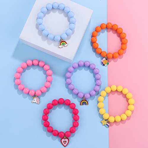 REMEL 6 PCS Beaded Bracelets for Kids Girls Unicorn Heart Rainbow Charm Bracelets Cute Elastic Friendship Bracelets