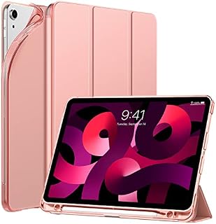MoKo Case Fit iPad Air 5th Generation 2022 /iPad Air 4th Generation 2020, Built-in Pencil Holder, Smart Shell Trifold Cover with Translucent TPU Back Corner/Bumper Protector Case, Rose Gold