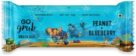 Go Grub - Peanut Blueberry Snack Bar | Crunchy Energy Bars with Whole Nuts, Real Dried Berries | No Preservatives | 100% Vegetarian | Healthy Breakfast, Evening & Midnight Snack | Pack of 10