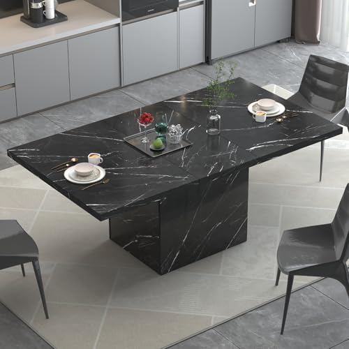 Image of HSH 63 inch Black Faux Marble Dining Table for 6, Rectanguler Dining Room Table | Modern Kitchen Table with a Heavy-Duty Pedestal Base, Seats 6, Ideal For Meals, Work and Gatherings, Table Only