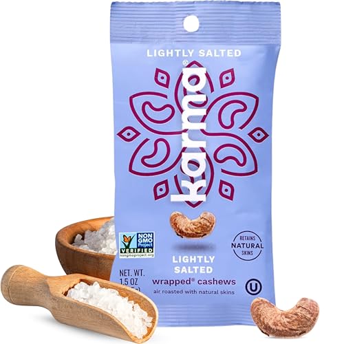 Image of Lightly Salted Cashews with Skin by Karma Nuts, Whole, Roasted, Vegan, Gluten Free, Low Net Carb, Natural, No Sugar Added, Keto Friendly, Everyday Nut Snack, 1.5 Ounce (12 Snack Packs)