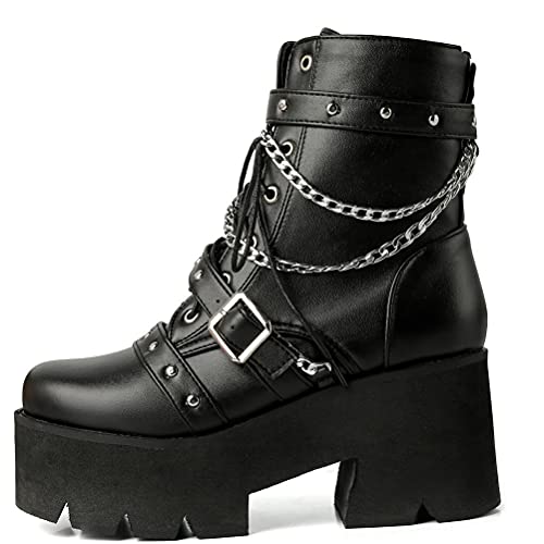 LUXMAX Women Buckle Goth Chunky Platform Ankle Boots Lace Up High Heel Motorcycle Boots with Chain2