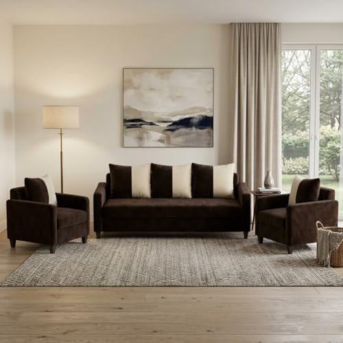 Image of FURNY Rion 3 Seater + 1 Seater + 1 Seater Fabric Sofa Set (Dark Brown-Cream) with Velvet Finish | Durable Comfort | Ideal for Living Room