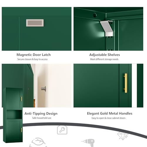Image of Tall Narrow Pantry Cabinet for Kitchen, 67 inch H Metal Storage Cabinets with Doors and 3 Adjustable Shelves for Dining Room, Living Room and Home Office (20 inches Wide Green)