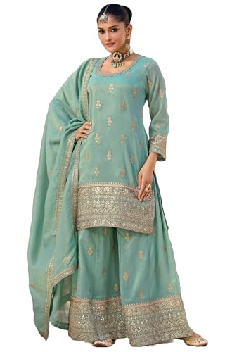 Costume indien Sharar 12163 en tissu brodé haut de gamme pour femme